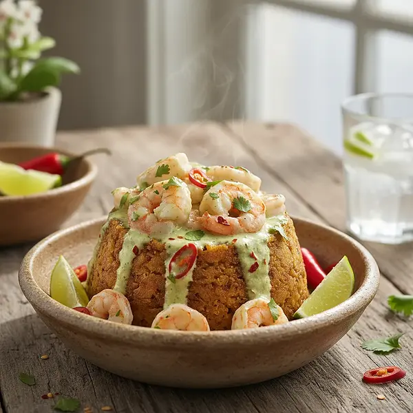 Pikantne Mofongo z Krewetkami w Sosie Kokosowo-Limonkowym