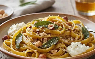 Handmade Fettuccine with Sage Butter, Hazelnuts, and Ricotta
