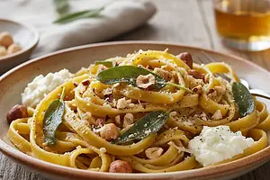 Handmade Fettuccine with Sage Butter, Hazelnuts, and Ricotta