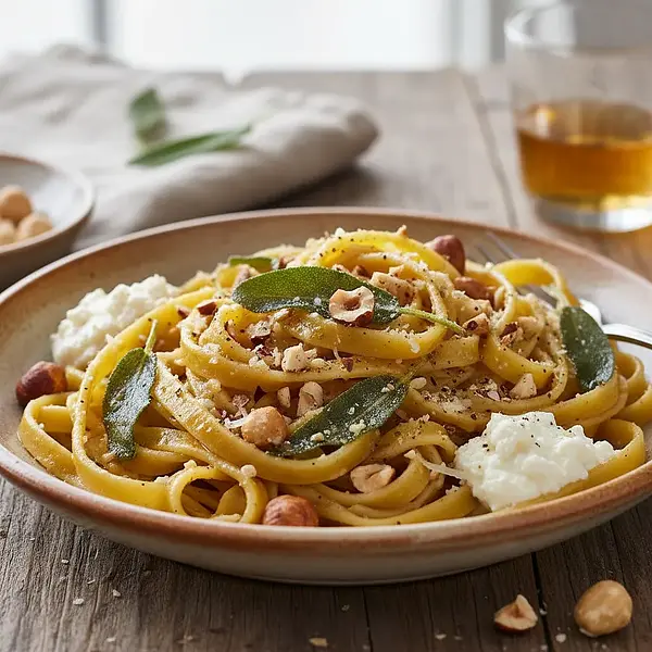 Handmade Fettuccine with Sage Butter, Hazelnuts, and Ricotta