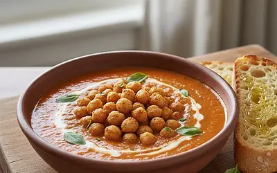 Błyskawiczna zupa-krem z pieczonej papryki i pomidorów z chrupiącą ciecierzycą