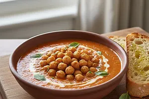 Quick Creamy Soup with Roasted Peppers and Tomatoes with Crunchy Chickpeas