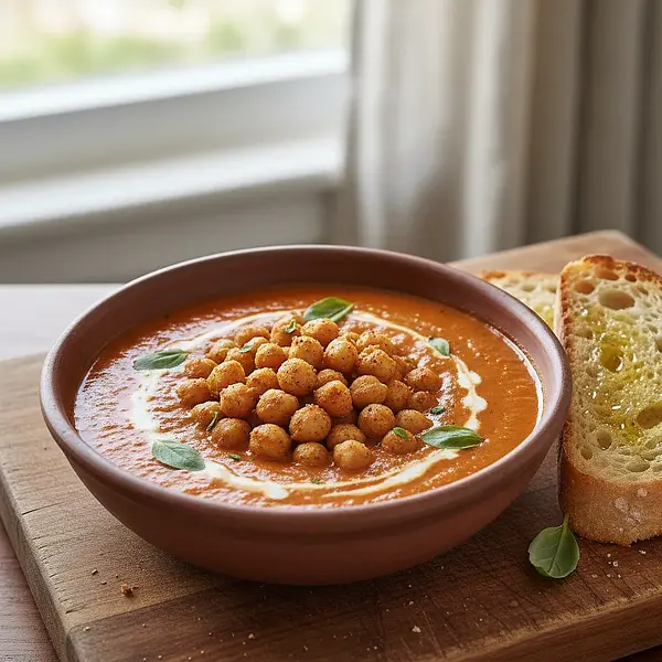 Quick Creamy Soup with Roasted Peppers and Tomatoes with Crunchy Chickpeas