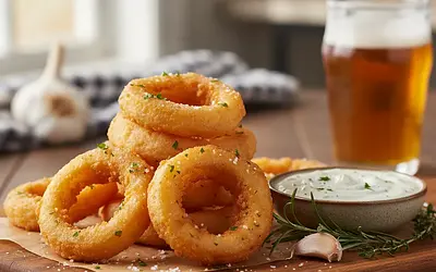 Perfectly Crispy Onion Rings with Fluffy Beer Batter and Garlic-Herb Sauce