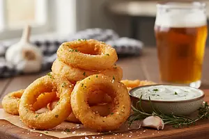 Perfectly Crispy Onion Rings with Fluffy Beer Batter and Garlic-Herb Sauce