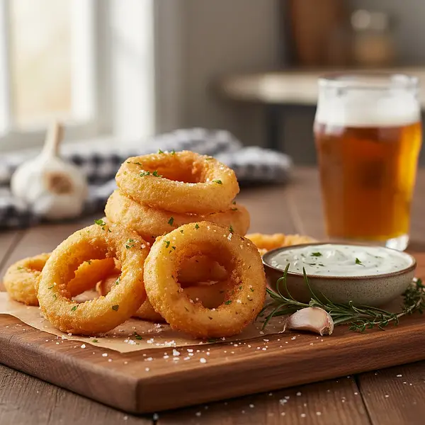 Perfectly Crispy Onion Rings with Fluffy Beer Batter and Garlic-Herb Sauce