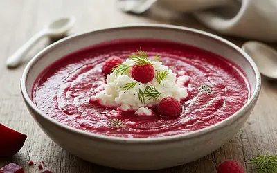 Aksamitny krem z pieczonych buraków z malinową nutą i chmurką koziego sera