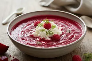 Velvety roasted beet cream with a raspberry note and a cloud of goat cheese