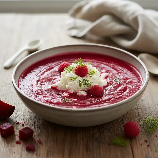 Velvety roasted beet cream with a raspberry note and a cloud of goat cheese