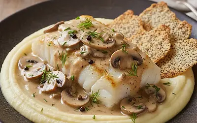 Cod in velvety porcini sauce on parsnip purée with crispy poppy seeds