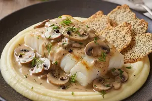Cod in velvety porcini sauce on parsnip purée with crispy poppy seeds