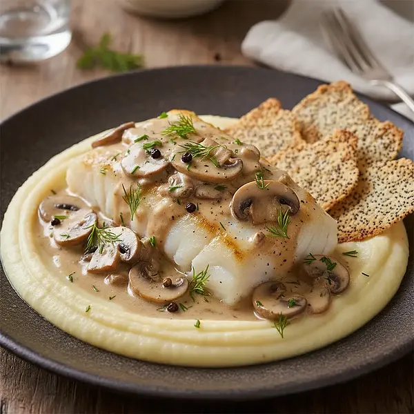 Cod in velvety porcini sauce on parsnip purée with crispy poppy seeds