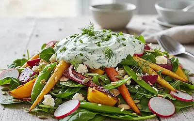 Spring vegetable salad with roasted vegetables and yogurt-herb dressing
