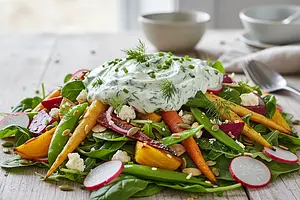 Spring vegetable salad with roasted vegetables and yogurt-herb dressing