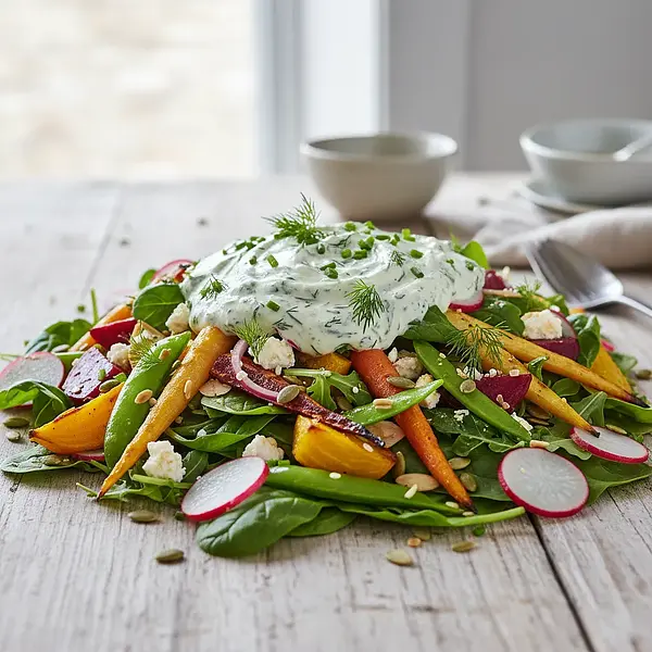 Spring vegetable salad with roasted vegetables and yogurt-herb dressing