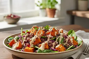 Hearty salad with roasted sweet potato, quinoa, and tahini dressing