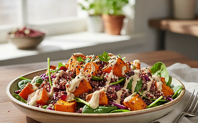 Hearty salad with roasted sweet potato, quinoa, and tahini dressing