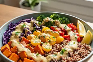 Tęczowe Miseczki Mocy z Quinoa, Pieczonymi Warzywami i Sosem Tahini-Cytrusowym