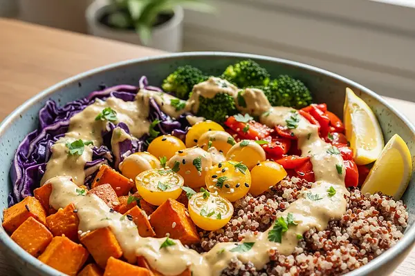 Tęczowe Miseczki Mocy z Quinoa, Pieczonymi Warzywami i Sosem Tahini-Cytrusowym