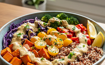 Rainbow Power Bowls with Quinoa, Roasted Vegetables, and Tahini-Citrus Sauce