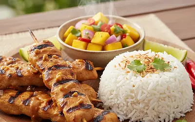 Silky Chicken Satay with Spicy Mango Salsa and Coconut Jasmine Rice