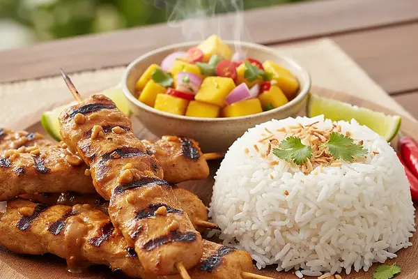 Jedwabisty Kurczak Satay z Pikantną Salsą Mango i Kokosowym Ryżem Jaśminowym