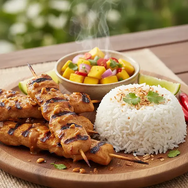Silky Chicken Satay with Spicy Mango Salsa and Coconut Jasmine Rice
