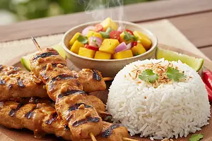 Silky Chicken Satay with Spicy Mango Salsa and Coconut Jasmine Rice
