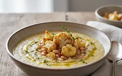 Creamy 'Mit Obalony' Soup with Roasted Cauliflower and White Beans