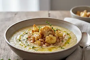 Creamy 'Mit Obalony' Soup with Roasted Cauliflower and White Beans