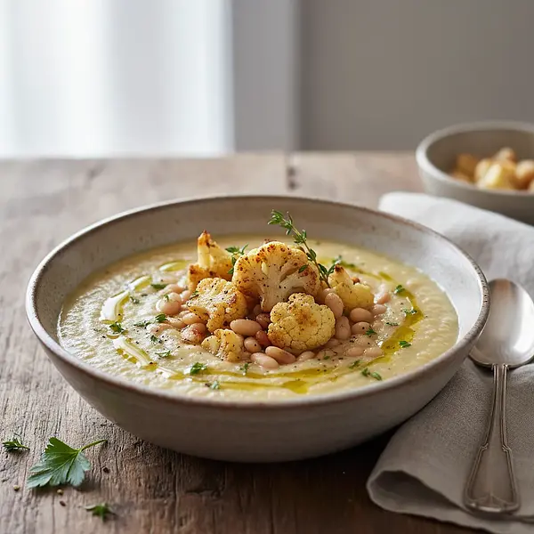 Creamy 'Mit Obalony' Soup with Roasted Cauliflower and White Beans