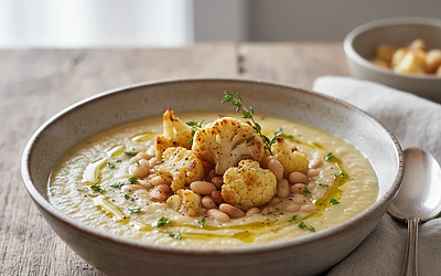 Creamy 'Mit Obalony' Soup with Roasted Cauliflower and White Beans