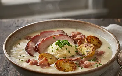 Creamy Zalewajka with Smoked Meat, Roasted Potatoes, and Horseradish Dollop