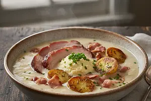 Creamy Zalewajka with Smoked Meat, Roasted Potatoes, and Horseradish Dollop
