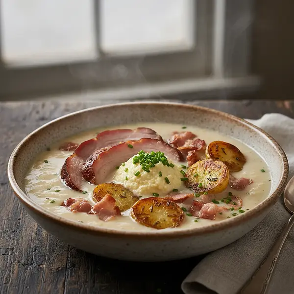 Creamy Zalewajka with Smoked Meat, Roasted Potatoes, and Horseradish Dollop