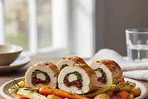 Intelligent Chicken Rolls with Pesto and Sun-Dried Tomatoes with Roasted Root Vegetables