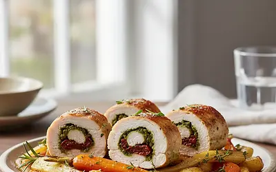 Intelligent Chicken Rolls with Pesto and Sun-Dried Tomatoes with Roasted Root Vegetables