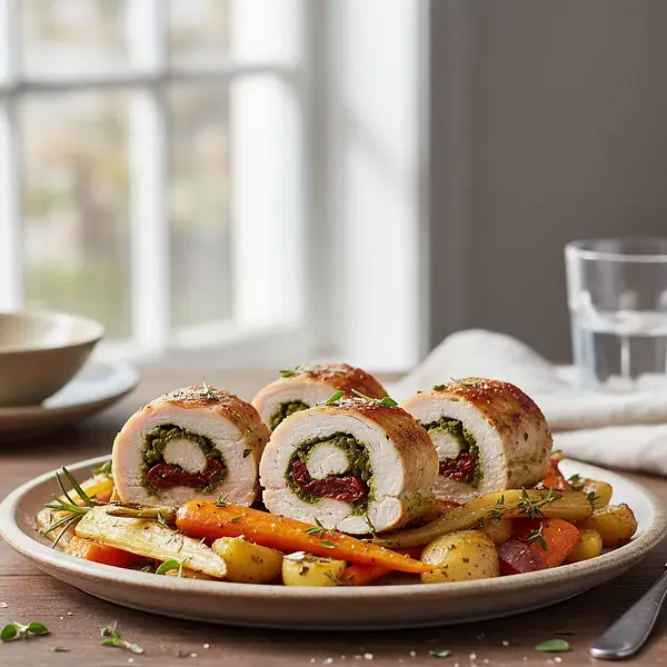 Intelligent Chicken Rolls with Pesto and Sun-Dried Tomatoes with Roasted Root Vegetables