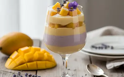 Dessert 'Culinary Filter' with mango mousse and lavender panna cotta