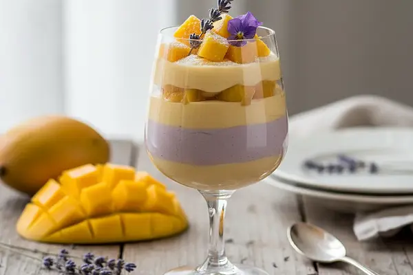 Deser 'Filtr Kulinarny' z musem mango i lawendową panna cottą