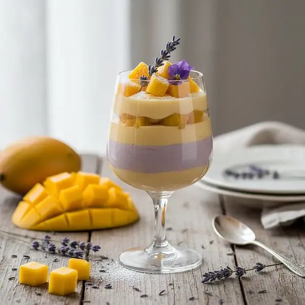 Deser 'Filtr Kulinarny' z musem mango i lawendową panna cottą