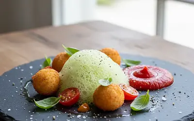 Deconstructed Tomato Soup with Basil Foam and Parmesan Spheres