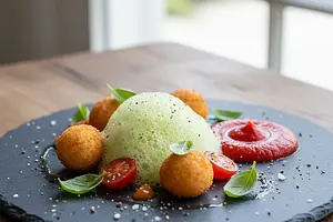Deconstructed Tomato Soup with Basil Foam and Parmesan Spheres