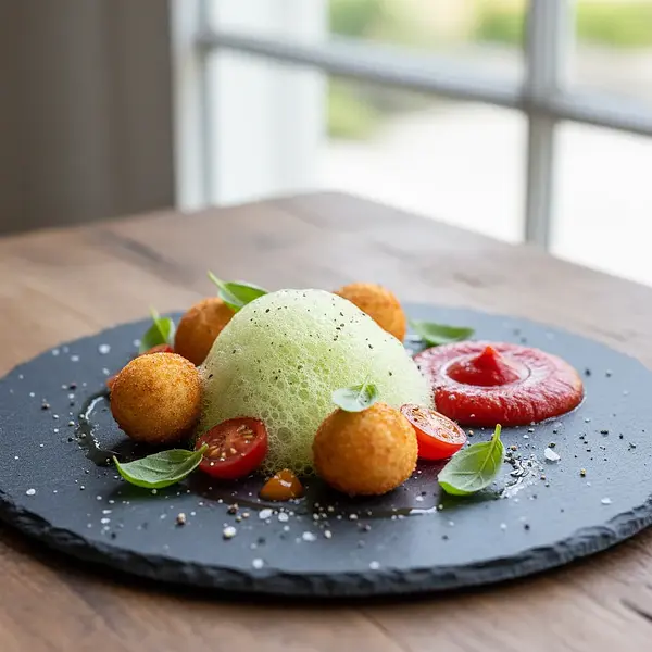 Zdekonstruowana Zupa Pomidorowa z Bazyliową Pianką i Sferami Parmezanowymi