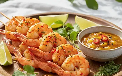 Krewetki z Grilla w Marynacie Cytrusowo-Ziołowej z Sosem Mango-Chilli
