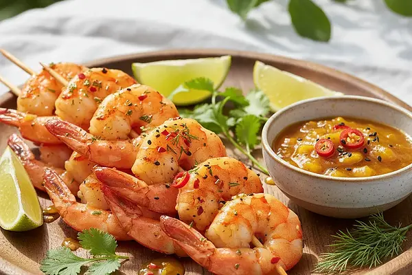 Krewetki z Grilla w Marynacie Cytrusowo-Ziołowej z Sosem Mango-Chilli