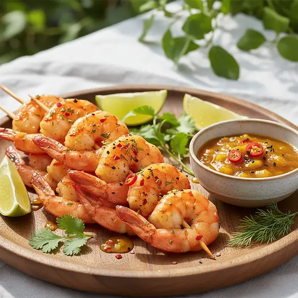 Krewetki z Grilla w Marynacie Cytrusowo-Ziołowej z Sosem Mango-Chilli