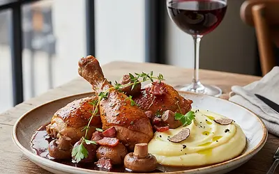 Kurczak po Burgundzku z Grzybami i Ziemniaczanym Purée z Nutą Truflową