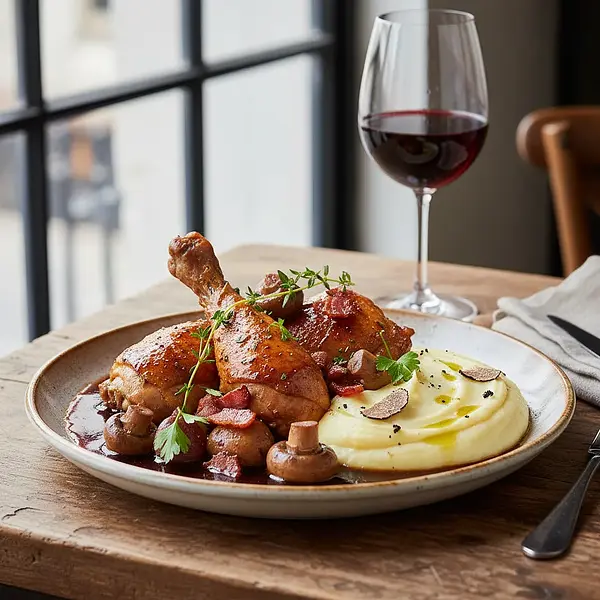 Kurczak po Burgundzku z Grzybami i Ziemniaczanym Purée z Nutą Truflową