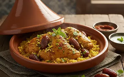 Cairo Style Chicken Tagine with Dates and Pistachios